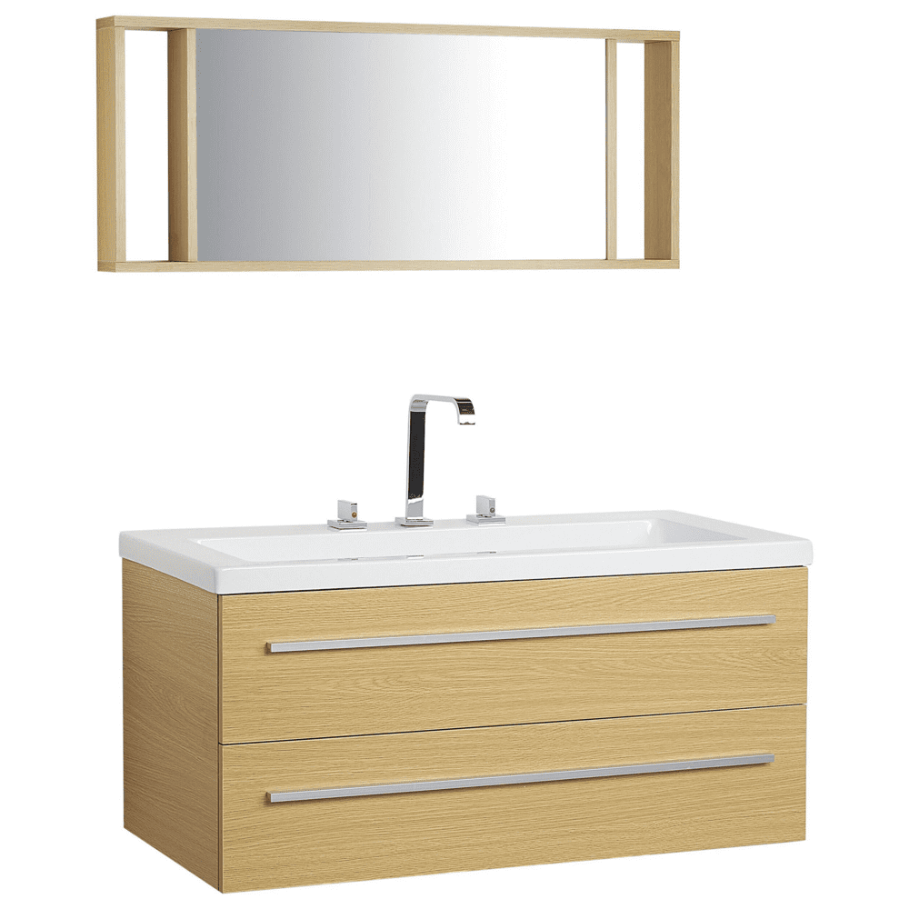 Beliani Béžový nástenný nábytok do kúpeľne so zásuvkou a zrkadlom ALMERIA